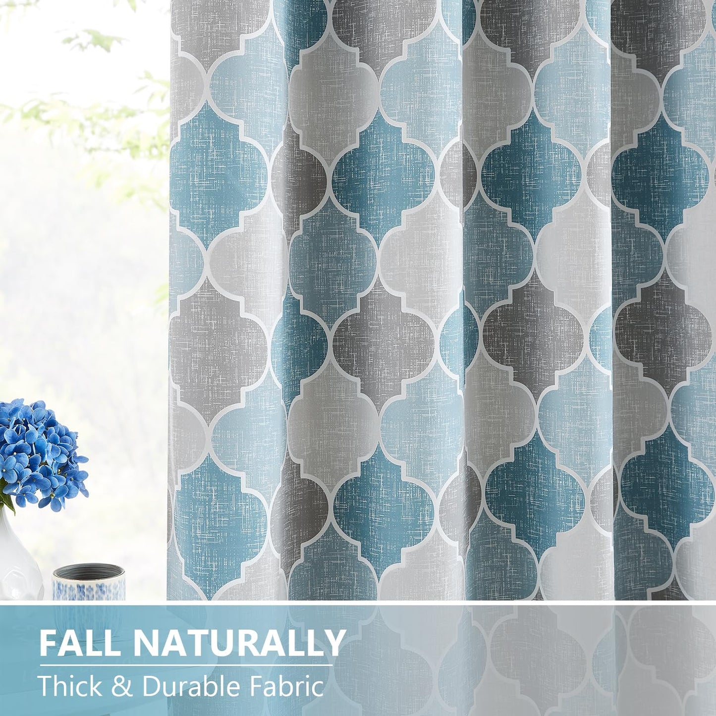 Ronaldecor Full Blackout Geometric Print Curtains 84 Inches Long 2 Panels Gray Blue Moroccan Drapes Room Darkening Thermal Insulated Grommet Top Window Treatments Set for Bedroom Living Room, 52" W