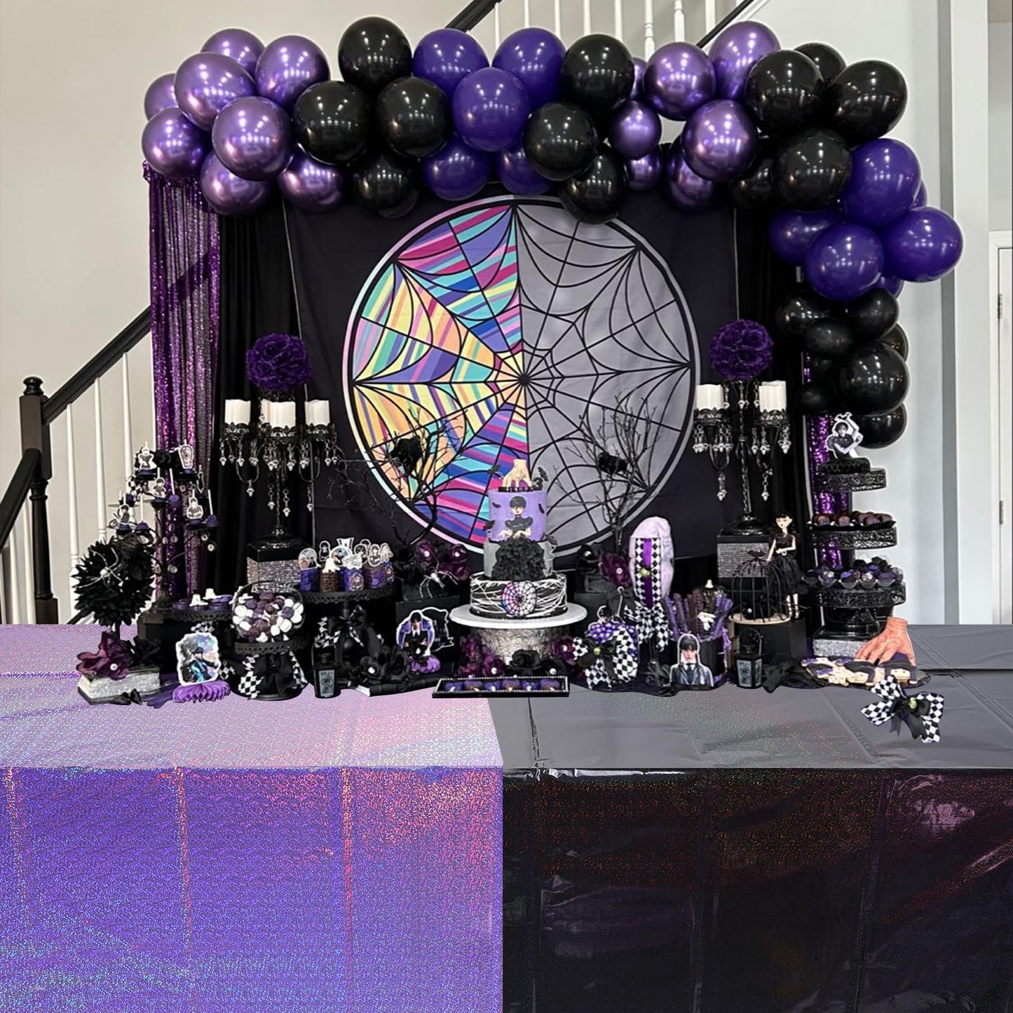 2 Pack Iridescent Black and Purple Plastic Tablecloth 54x108 Inch, Holographic Laser Disposable Table Cover, Rectangle Black and Purple Table Cloth for Halloween Holiday Birthday Party Decorations