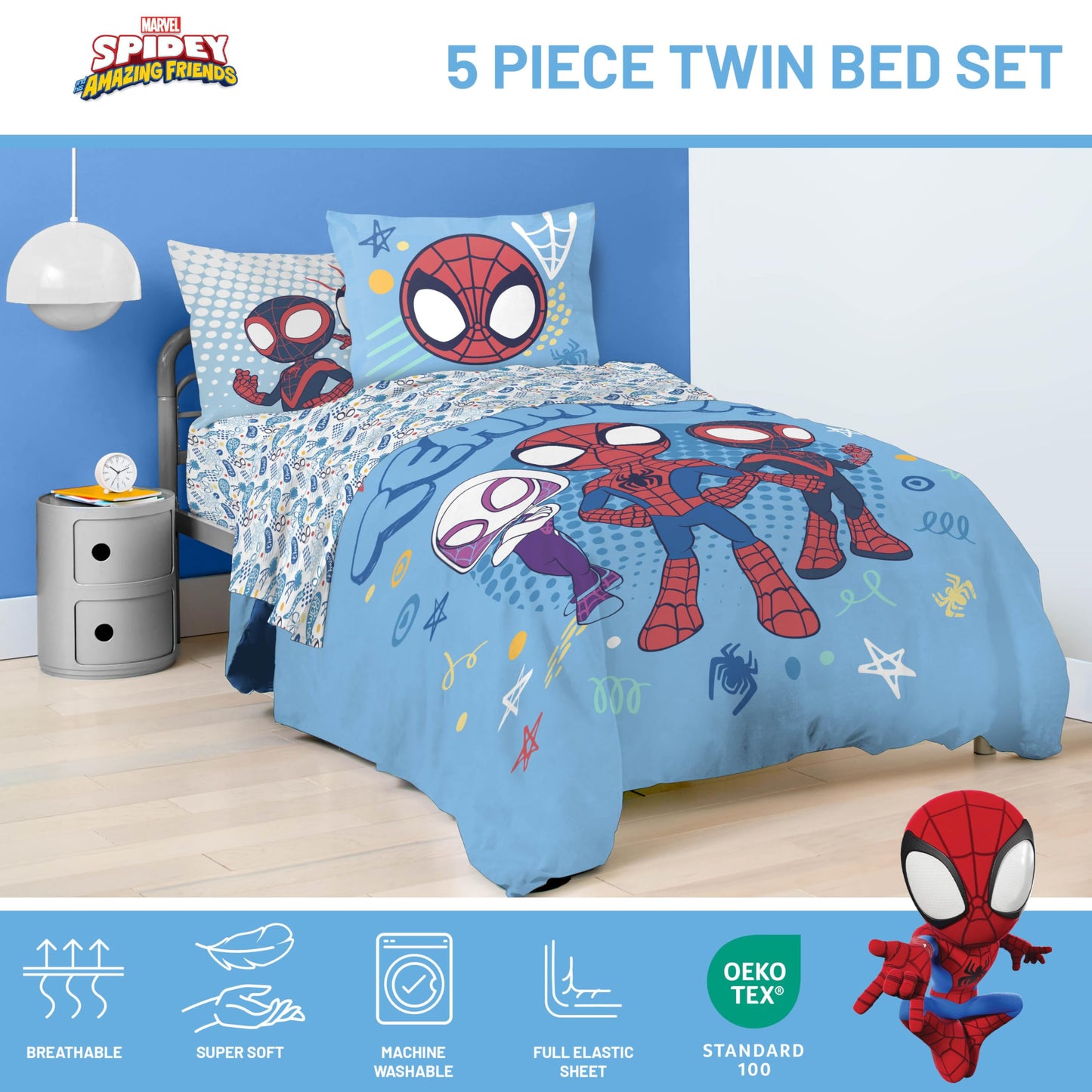 Jay Franco Kids Comforter Set Includes Sheets and Pillow Covers - Soft and Cozy Bed Set for Stylish Room Decor, Light Blue - Spidey & His Amazing Friends, 5 Piece Twin Bedding