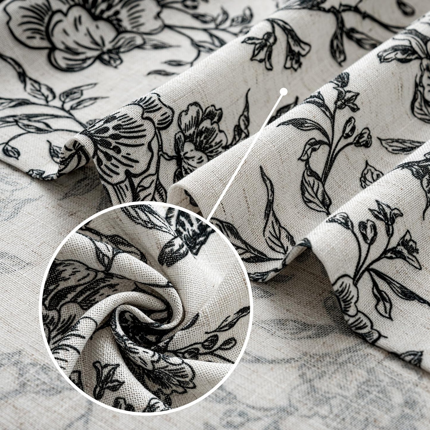 VISIONTEX Floral Farmhouse Curtains 84 Inch Length, Black Peony Printed Linen Blend Drapes, Back Tab & Rod Pocket Light Filtering Window Curtains for Living Room Bedroom, Set of 2 Panels