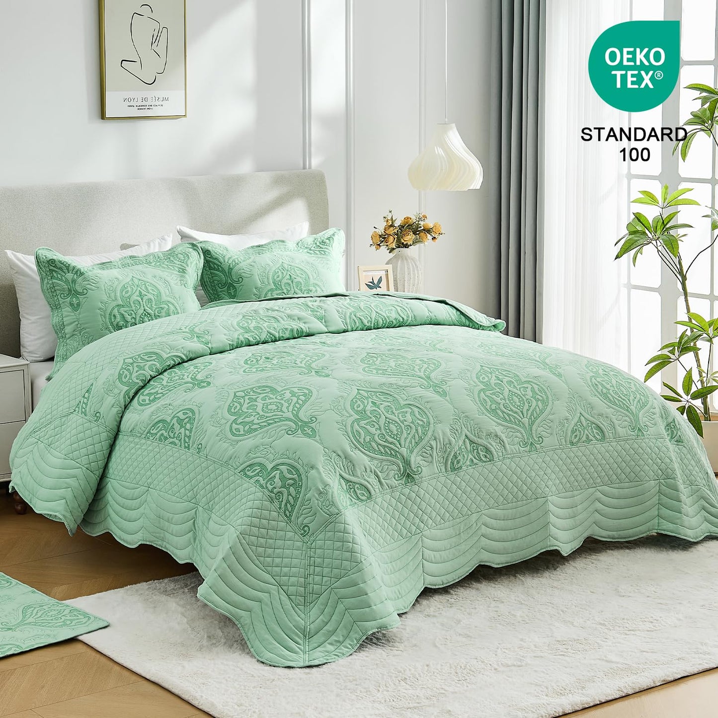 DaisyHuang Oversized Bedspread Coverlet Set Queen Size - Lightweight Bedding Cover - Beautiful Stitching - 4 Piece Reversible Bedspread, Mint Green