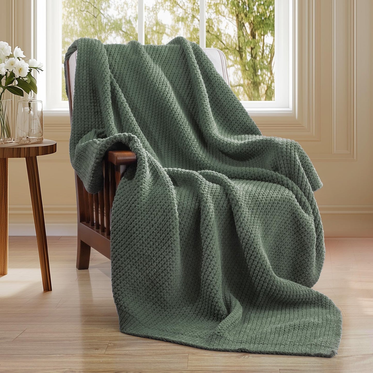 blunique Waffle Knit Throw Blanket, Luxury Cozy Chunky Knit Throw Blanket for Couch, 50 x 60 Inch Thick Ultra-Soft Feather Yarn Knitted Blanket for Sofa, Bed, Home Decor - Sage