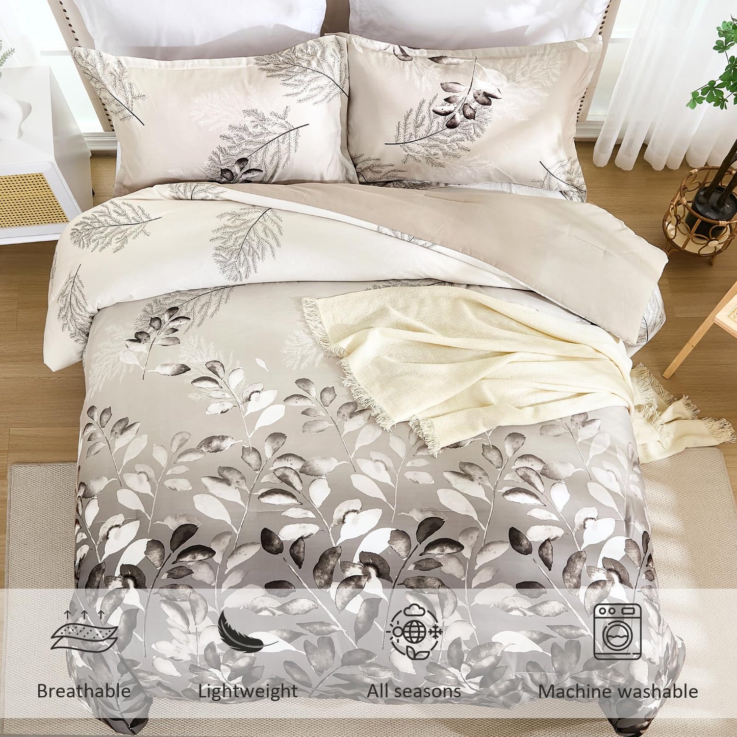 DJY Beige Comforter Set King, 3 Piece Brown Botanical Leaves Comforters with 2 Pillow Shams King Sizes Reversible Floral Comforter Sets Soft Microfiber Bedding Set for All Season (104"x90")