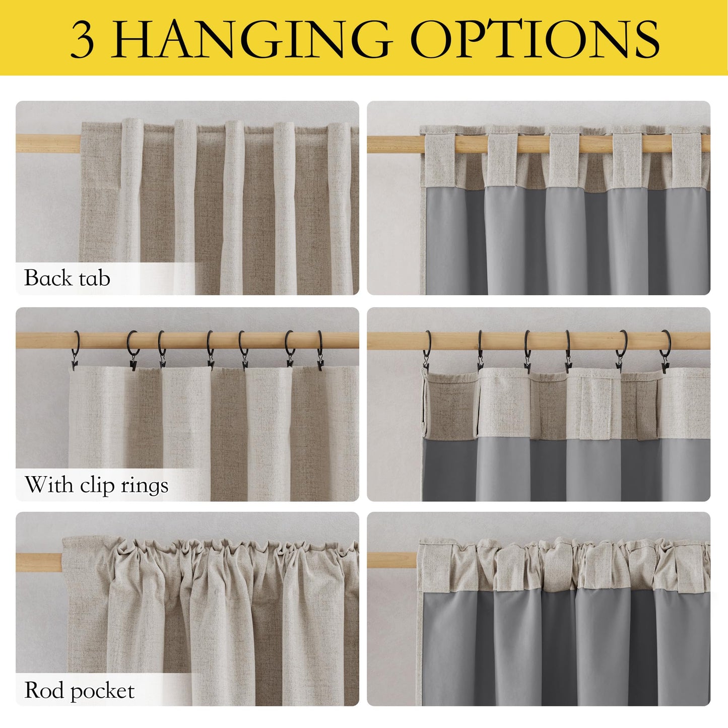 NICETOWN 100% Blackout Linen Curtains for Bedroom, W52 x L90 per Panel, Thermal Insulated & Privacy Living Room Curtains with Grey Liner, Linen Blend Draperies Farmhouse Style, 2 Panels, Natural