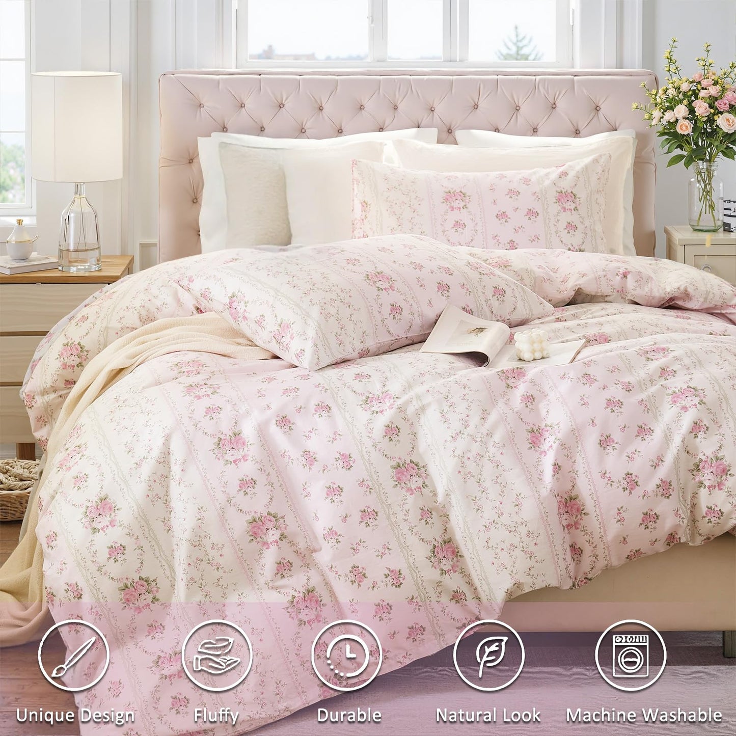 Cozaline Duvet Cover Queen Size - 100% Cotton Reversible Floral Duvet Cover Set with Zipper Closure, 3 Pieces Soft & Breathable Pink Aesthetic Bedding Set