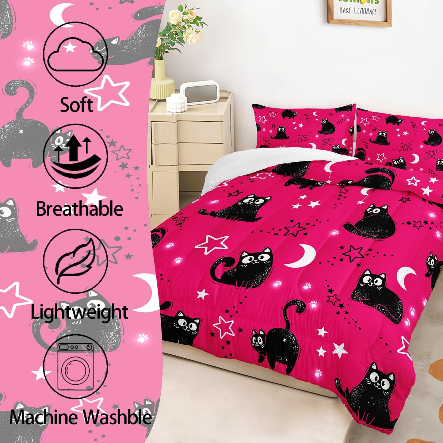 AILONEN Kids Kawaii Black Cat Comforter Set Twin,Cartoon Stars & Moon Bedding Set for Girls,Cute Kitten Printed Pink Duvet with 2 Pillowcases,3-Piece