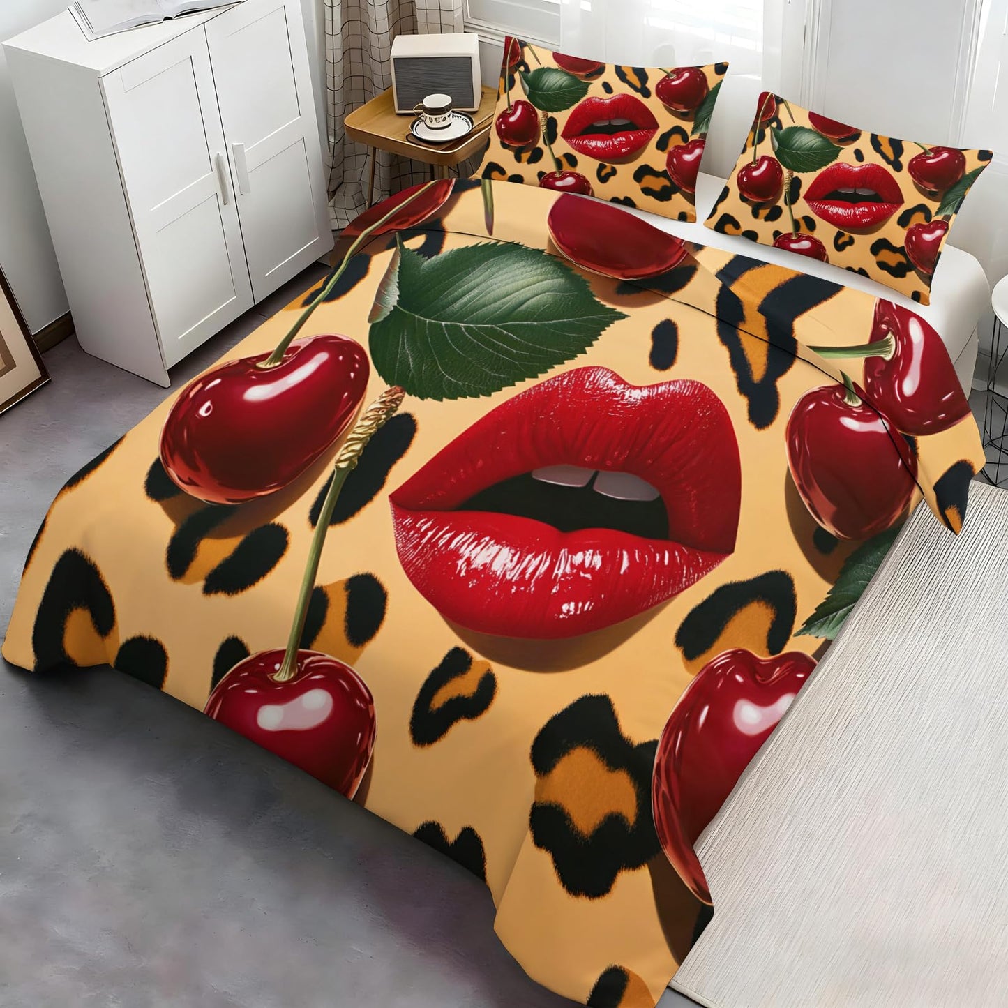GKPLY Leopard Print Duvet Cover Queen, Pop Art Lips Bedding Set & Home Decor, Retro Fruit Comforter Set, Zipper & Ties, Reversible Print, Fashion Bedding Duvet Cover & 2 Pillow Cases,