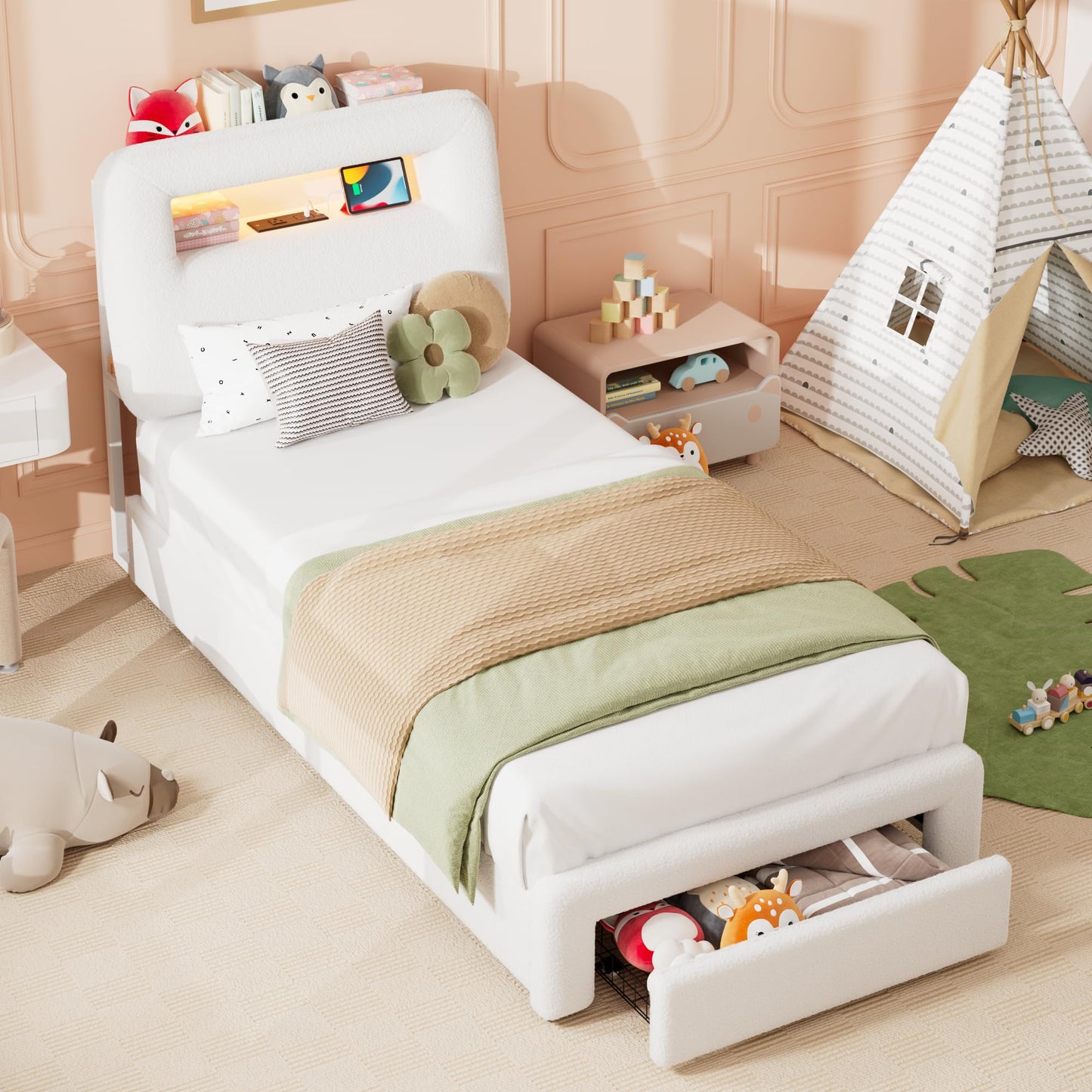 VINTLJUS Twin LED Bed Frame with Storage Headboard & Charging Station, Kids Bed Frames with Bookcase, Teddy Fleece Upholstered Platform Bed Frames with 1 Storage Drawer, No Box Spring Needed, Beige