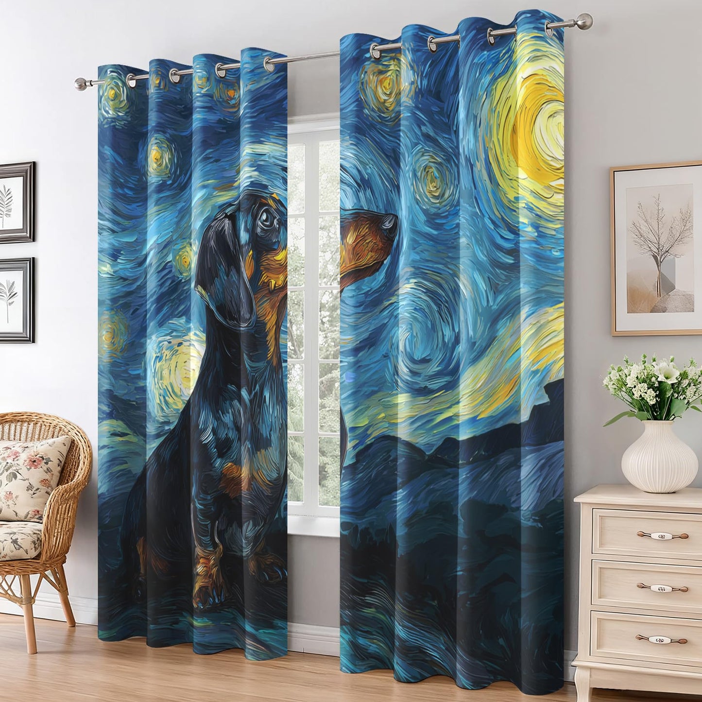 95% Blackout Starry Night Curtains - Oil Painting Dachshund Curtains for Bedroom Living Room Decor, Sausage Dog Home Decor, Thermal Grommet Black Out Drapes 84 Inches Long 2 Panel Set X59