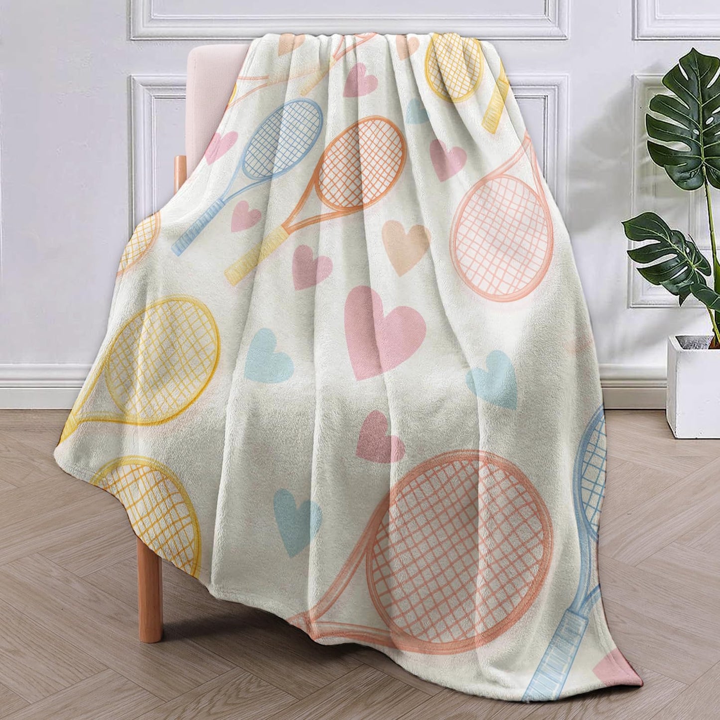 Tennis Rrackets and Hearts Blanket Gifts for Women Girls Soft Warm Lightweight Cozy Plush Sport Game Throw Blankets for Bedroom Living Room Sofa Home Decor 60"x50"