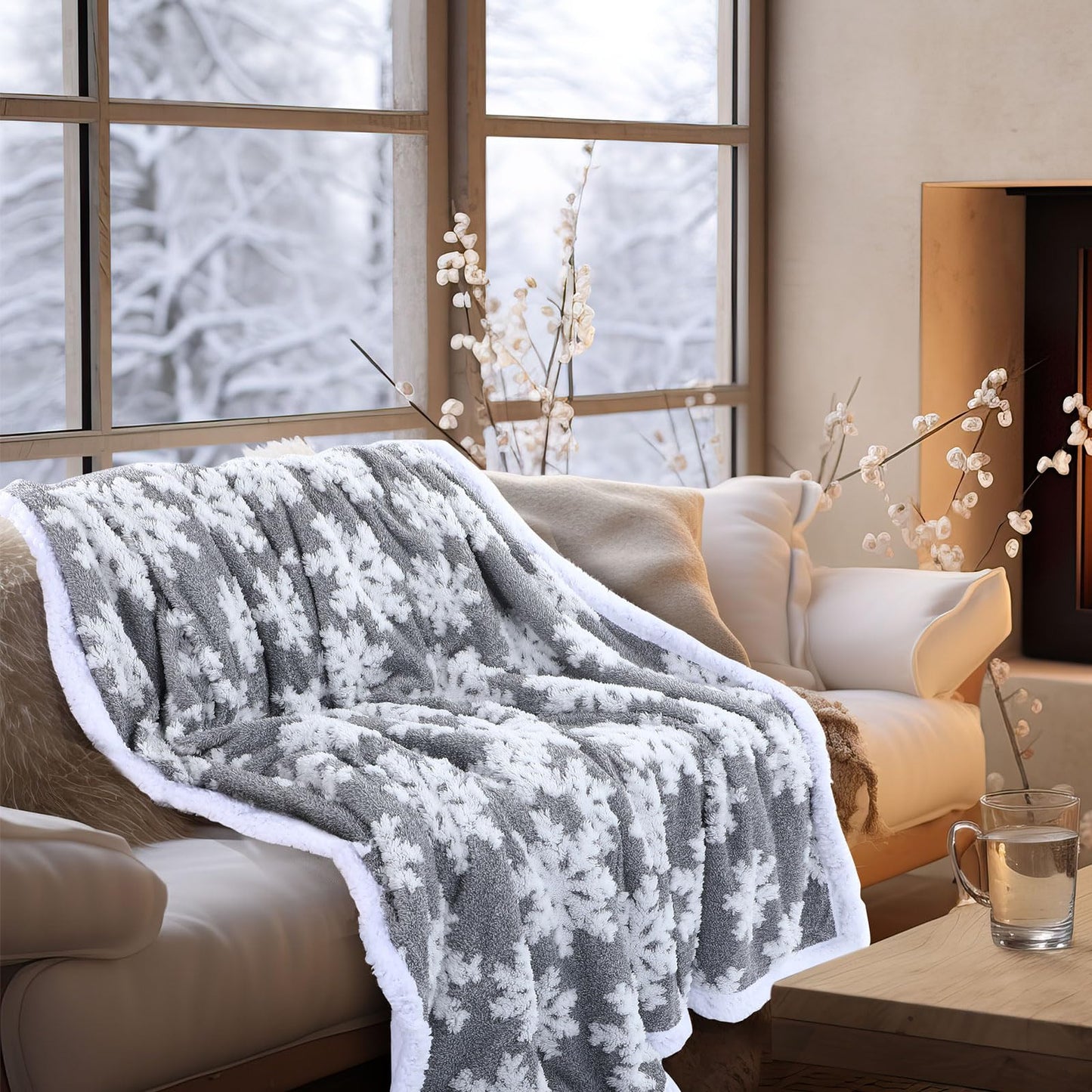 WovWeave Snowflakes Sherpa Throw Blanket - 80x60 Inches Winter Christmas Warm Fuzzy Fluffy Cozy Soft Thick Plush Fleece for Bed Couch Sofa