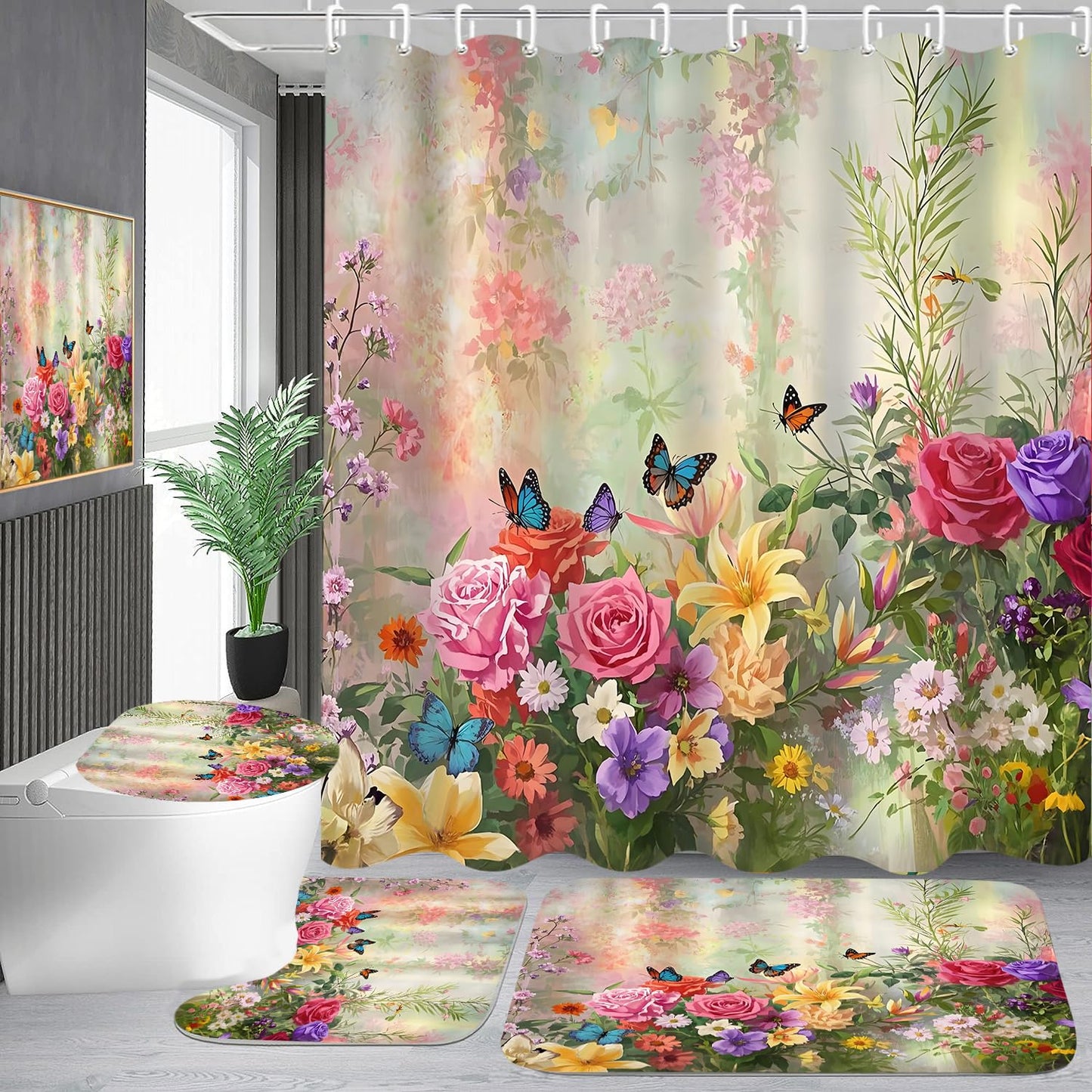 DDQQ 4-Piece Butterfly Floral Shower Curtain Set Botanical Aesthetic Flower Bathroom Set with Shower Curtain and Rugs, Cute Fun Decorative Bath Curtain with Hooks for Home Decor