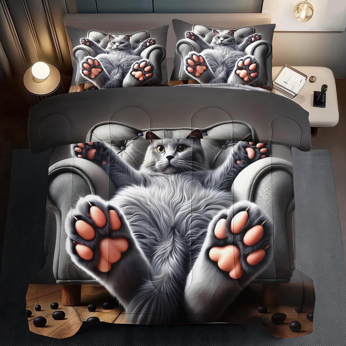 llyxsesty Cute Cat Comforter Set King,Grey Kawaii Cat Bedding Set Adult,Cute Animal Comforter for Boy,American Shorthair Bedding Grey,Kawaii Animal Print Quilt Bedroom Decor Kids