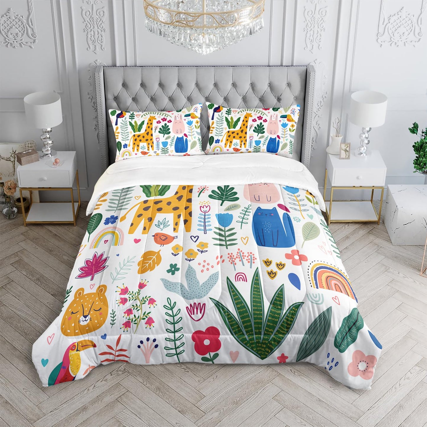 XYNHML Kids Cute Cat Comforter Set Twin Size 3Pcs Cartoon Pet Rainbow Giraffe Fishing Bedding Set Lovely Animal Parrot Flower Quilt Bed Set for Children Girls Boys Room Decor