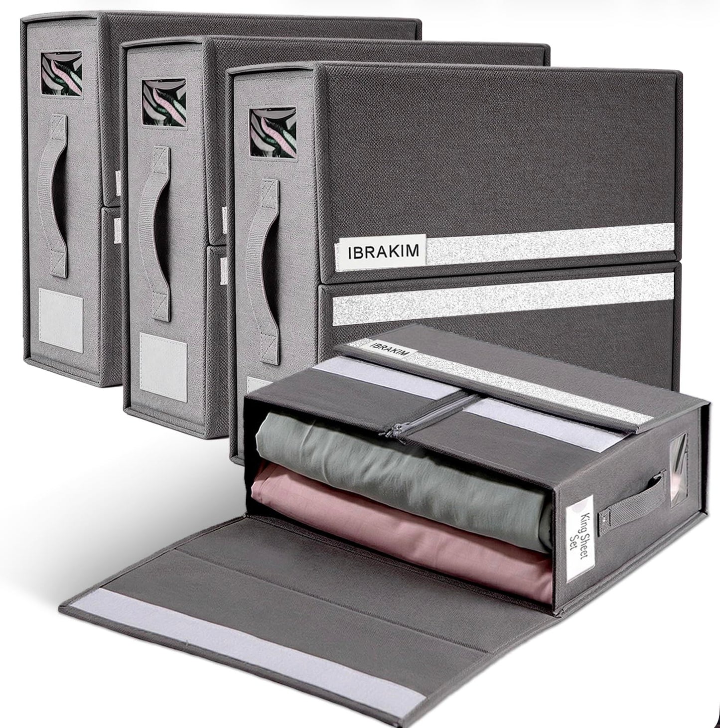 IBRAKIM Bedsheet Organizer Set of 4, Linen Storage Organizer for Closet and Under Bed, Foldable Bedding Organizer for Sheets, Blankets, Comforters, Closet Storage Bins, Grey