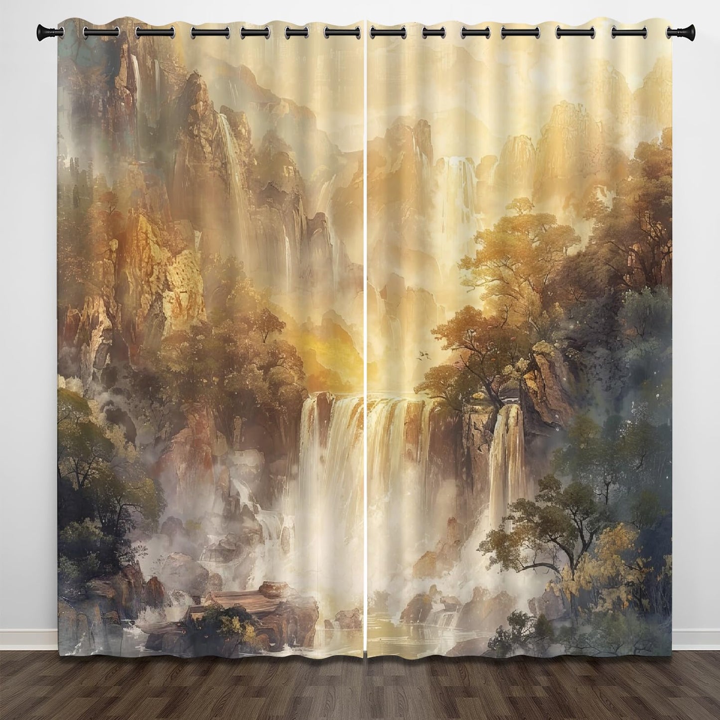 Forest Waterfall Scenery Blackout Curtains, Bright Towering Peaks 3D Print Top Grommet Drapes, Window Curtain Set of 2 Panels, Energy Saving Drapes for Living Room Kitchen Cafe(42" W x 63 "L)