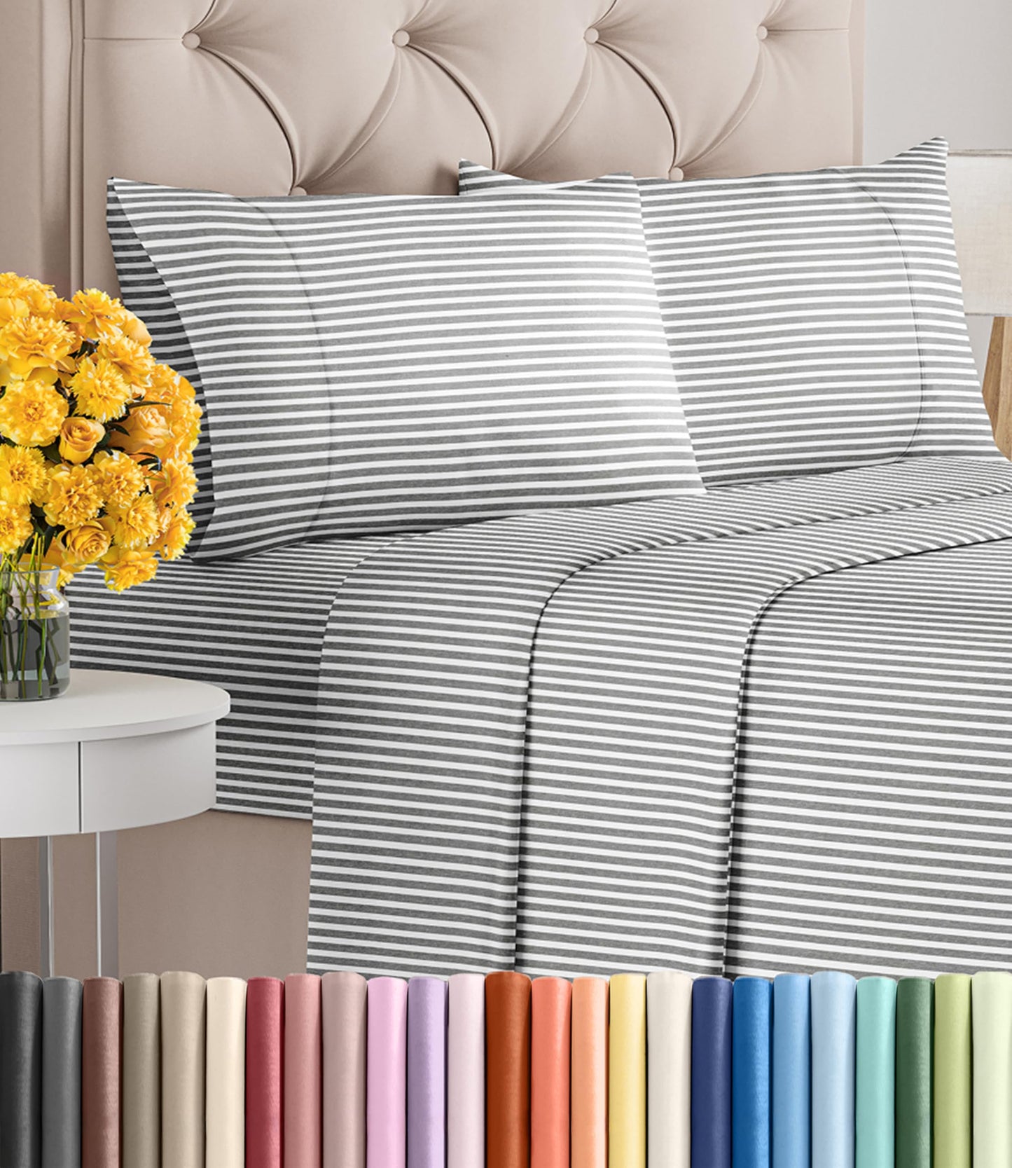 Queen Size 4 Piece Sheet Set - Ultra Soft & Cooling Bed Sheets - Fits 8 Inch to 16 inch Mattress - Wrinkle & Fade Resistant with Deep Pockets - Breathable, Comfy Hotel Luxury Bedding - Grey Stripes