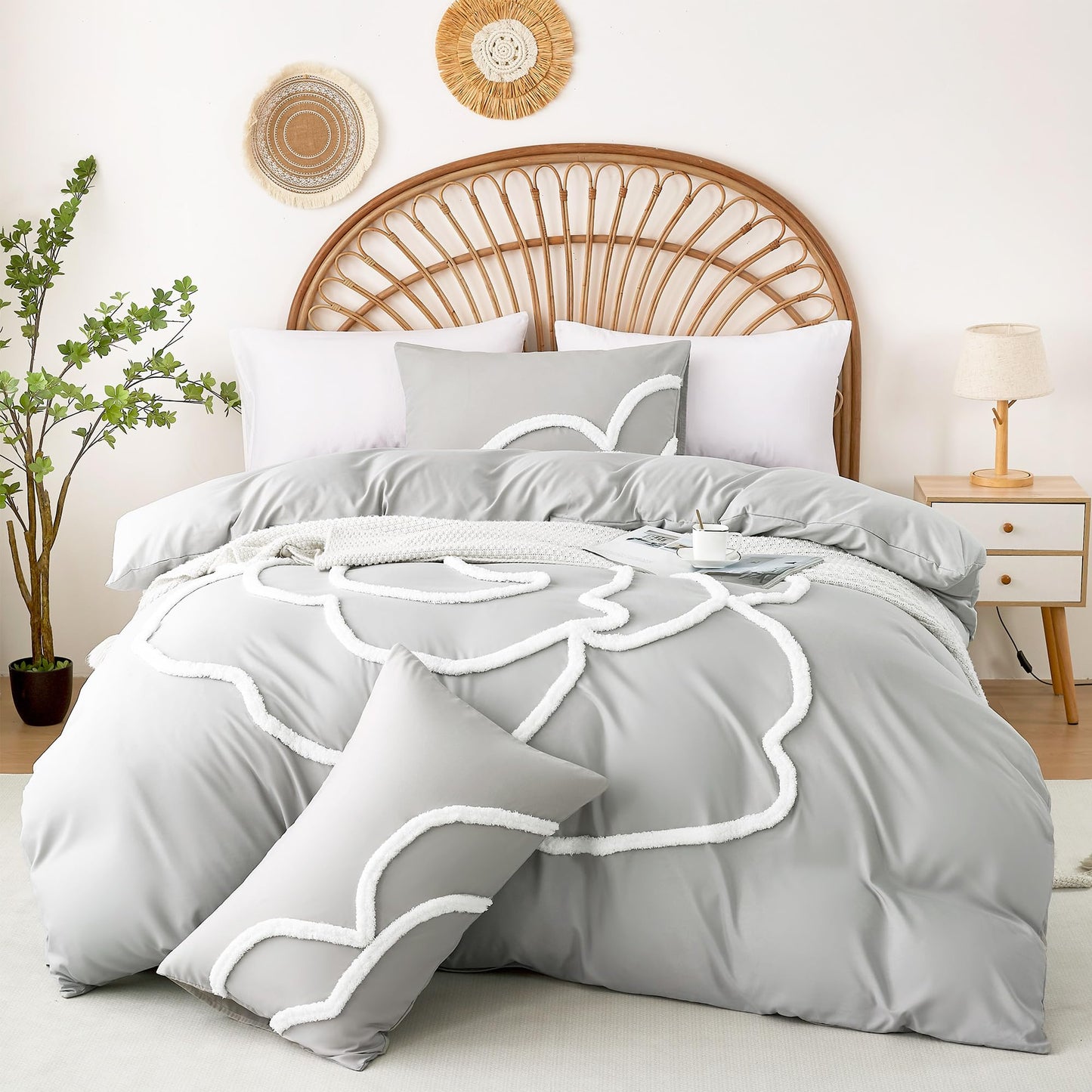 Ubo&Heng'er Duvet Cover Queen Size, 3 Pieces Duvet Covers Set, Boho Tufted Comforter Sets with Zipper Closure, Soft Breathable Floral Bedding Set for All Seasons(Grey, Queen, 90"x90")