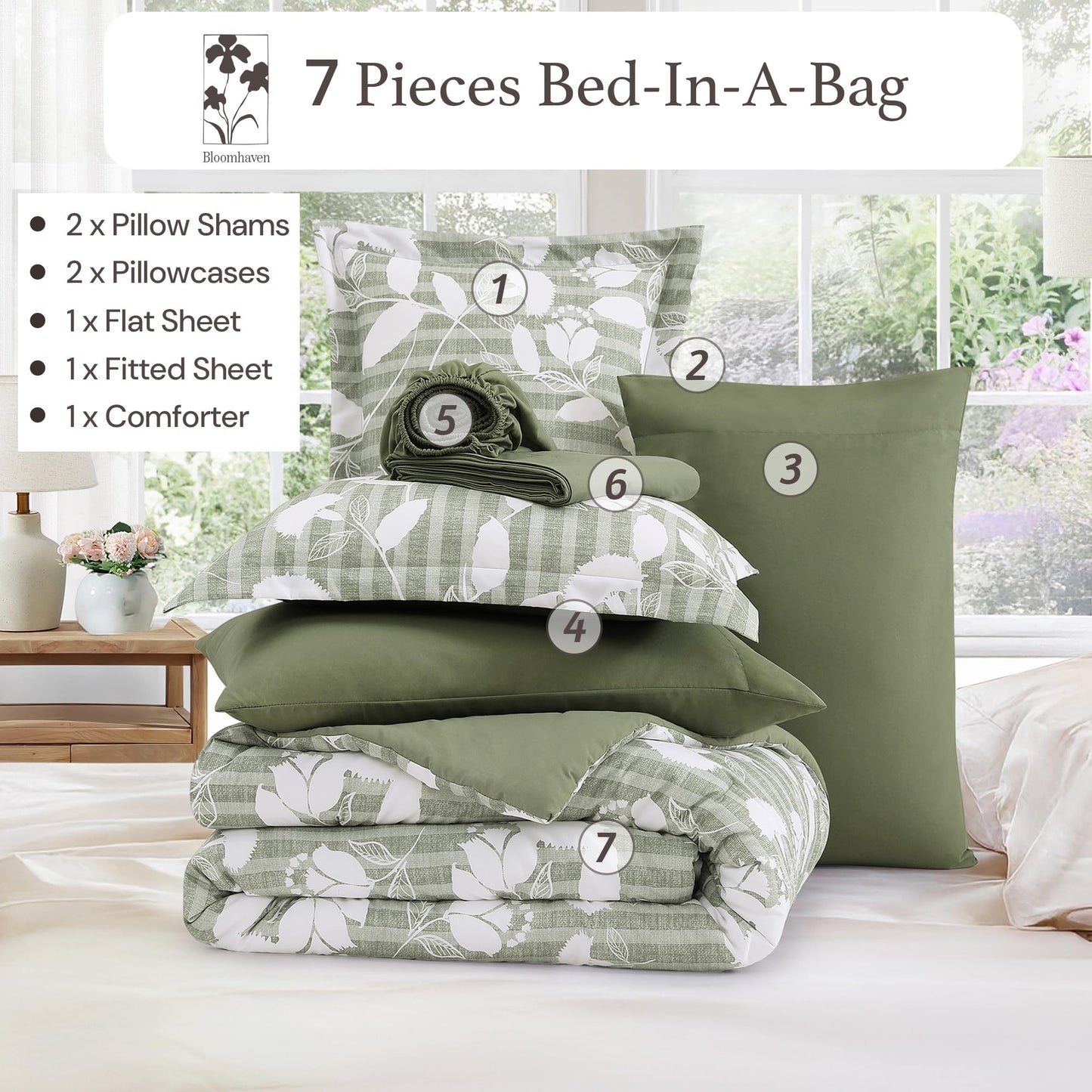 BLOOMHAVEN Queen Comforter Set -7 Pieces Sage Green Floral Comforter Set for All Seasons, Bed in a Bag Queen with Botanical Flowers Comforter, Sheets, Pillowcases & Shams