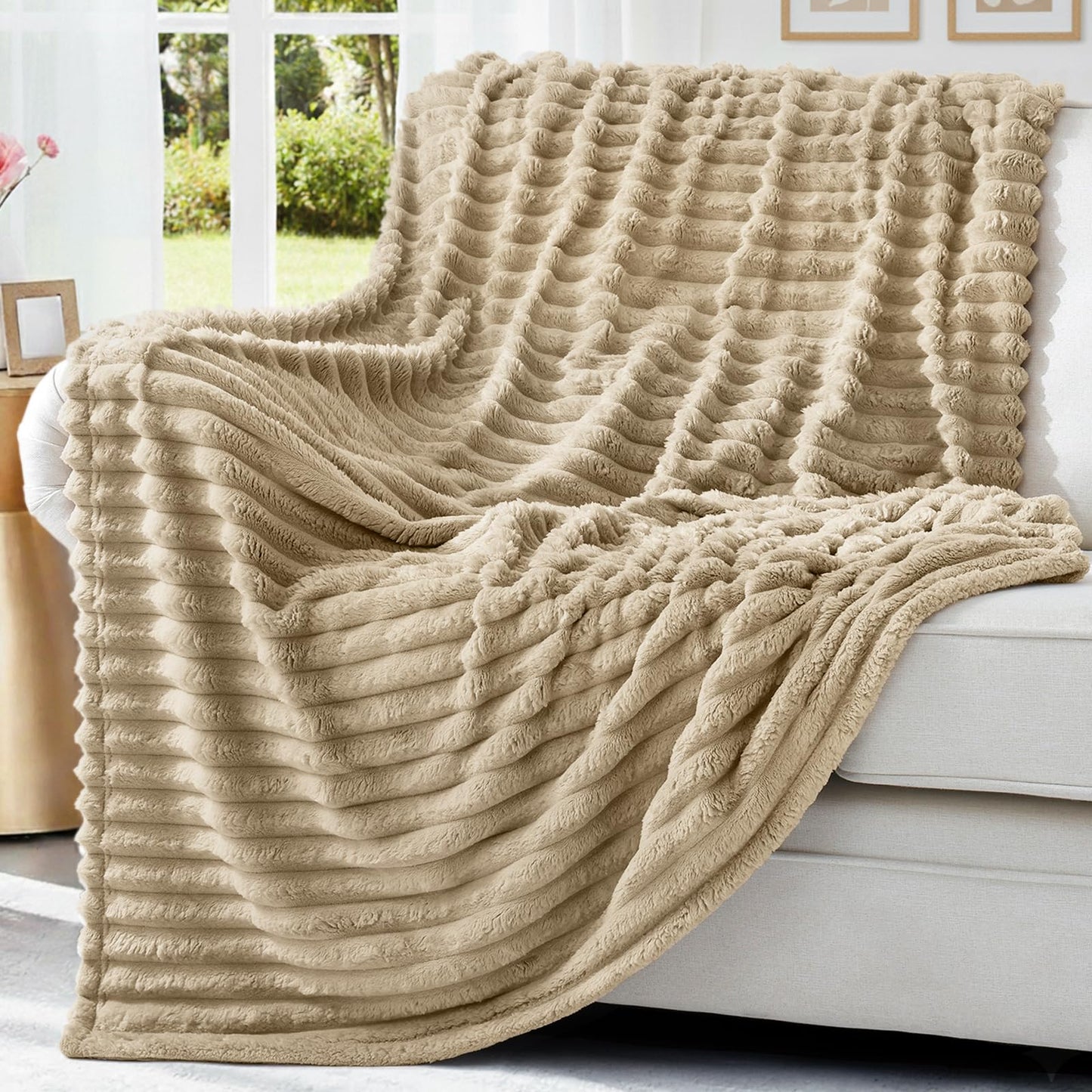 decorUhome Soft Fleece Light Brown Throw Blanket for Couch, Cozy Fluffy Plush Flannel Striped Blanket for Sofa Bed, Lightweight Decorative Ribbed Fuzzy Blanket for Woman, 50x60 Inches