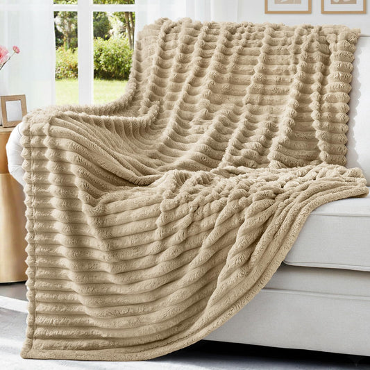 decorUhome Soft Fleece Light Brown Throw Blanket for Couch, Cozy Fluffy Plush Flannel Striped Blanket for Sofa Bed, Lightweight Decorative Ribbed Fuzzy Blanket for Woman, 50x60 Inches