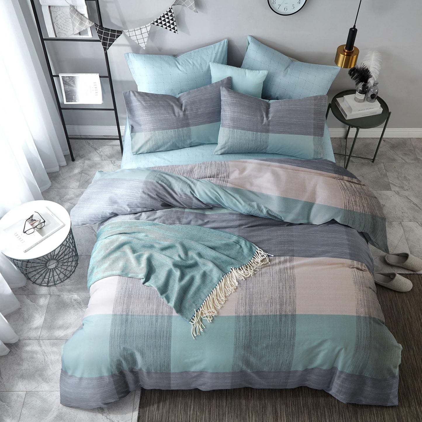 VM VOUGEMARKET Blue Patchwork Duvet Cover Set Queen Multi-Dimensional Design Modern Bedding Set Plaid Mint Green with Stripes Soft Cotton Comforter Cover with Zipper Closure-No Filling