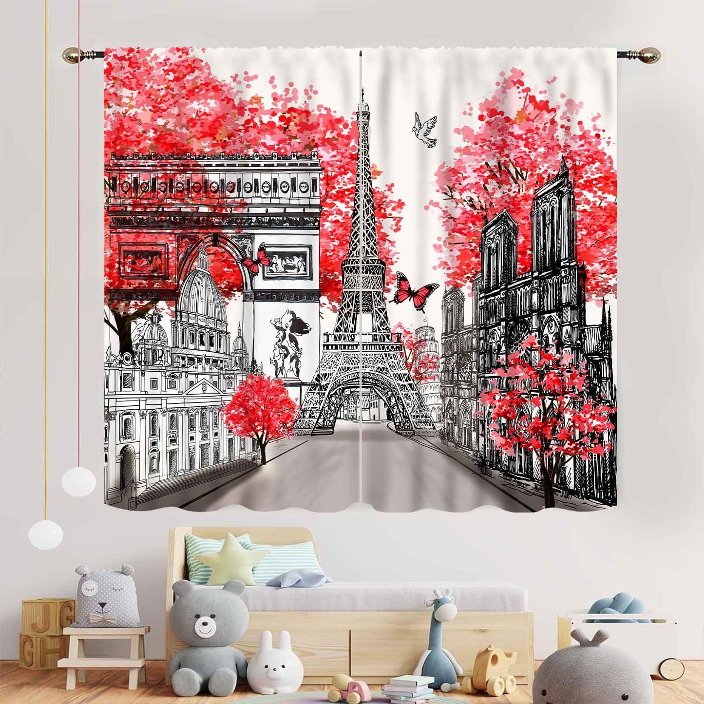 Paris Eiffel Tower Curtains, European City Scenery Landscape Landmark Famous Cityscape Romantic Modern Red Girls Woman Window Drapery for Bedroom Living Room Kitchen Bathroom 2 Panels, 42"x45" Inch