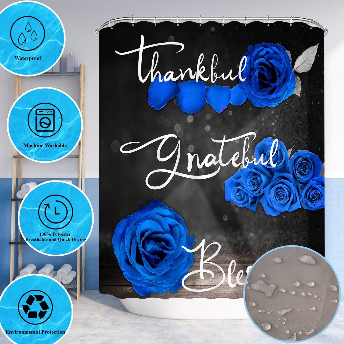 4Pcs Blue Rose Shower Curtain Set, Thankful Grateful Blessed Bathroom Curtain with Non-Slip Rug, Toilet Lid Cover, Bath Mat and 12 Hooks, Romantic Royal Blue Floral Wedding Decor for Bath, 72 x 72 in