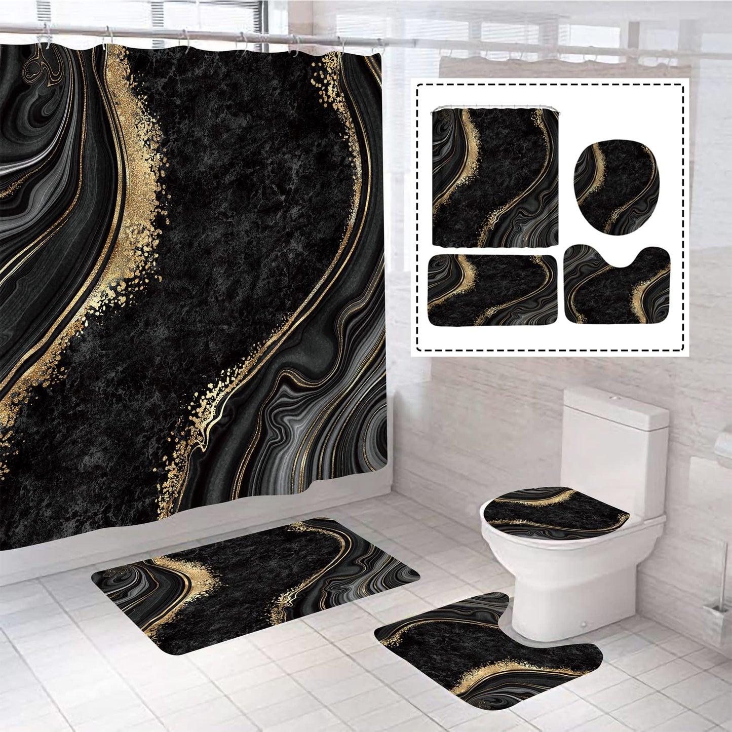 beifivcl 4Pcs Luxury Marble Shower Curtain Sets, Bathroom Sets with Shower Curtain, Toilet Lid Rug, Bath Mat and Contour Mat, Shower Curtain with 12 Hooks for Bathroom Set Decor 72 x 72 Inch, Black﻿