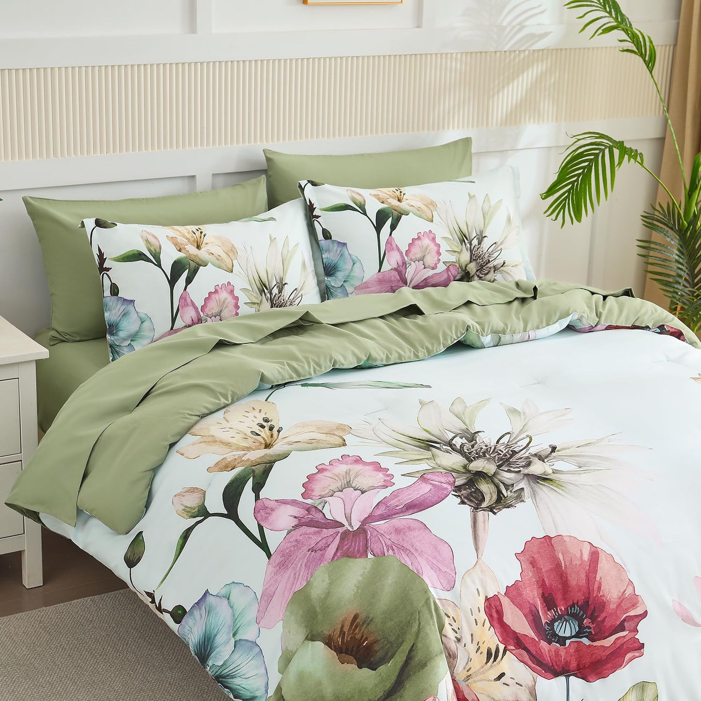 Yogeneg King Size Comforter Set 7 Piece Bed in a Bag,Elegant Floral Botanical Pattern Green Bedding Set,Soft Microfiber Comforter with Sheet Set,All Season Bed Set(Green Floral,King)
