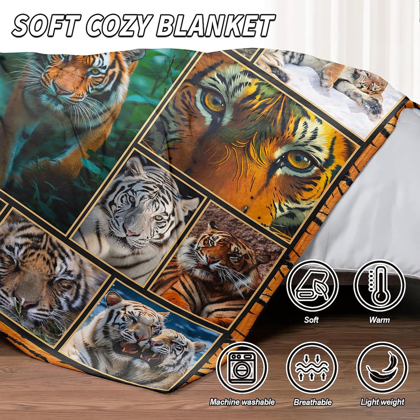 XSMEI Tiger Throw Blanket, Wild Animal Print Design, Soft Cozy Fleece Blanket for Couch Bed, 60 x 80 Inches