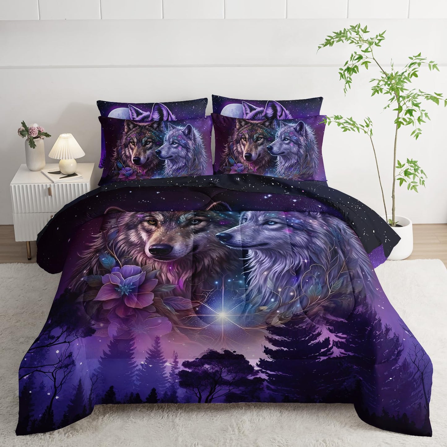 AILONEN Galaxy Wolf Comforter Set Twin Size,7-Piece Soft Bed in a Bag, Purple Starry Wolf Comforter & Fitted Sheet & Flat Sheet & 2 Pillowcases,2 Pillow Shams