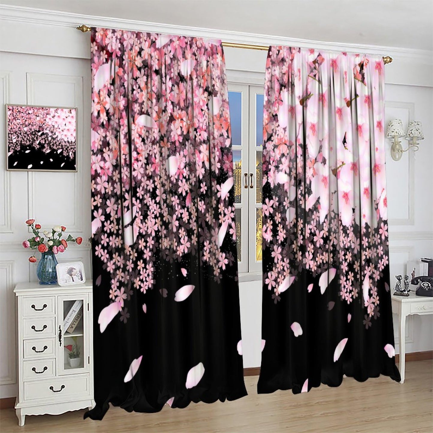 Focusbrite Floral Window Curtain，Cherry Blossoms Curtain for Bedroom for Kids Girls Women Pink Flowers Galaxy Curtain Starry Sky Drapes Set 2 Panels,42x45 Inches