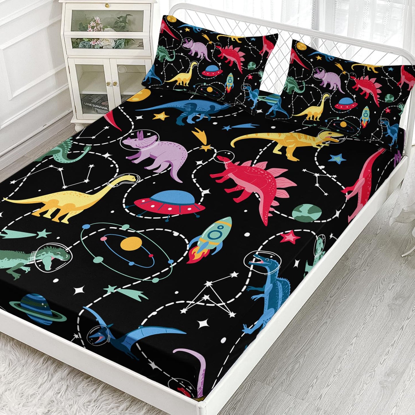 AILONEN Space Dinosaur Fitted Sheet Set Twin Size,Kids Boys Colorful Dinosaur Sheet Set,Galaxy Rocket Fitted Sheet with 2 Pillowcases,3 Pieces Soft Black