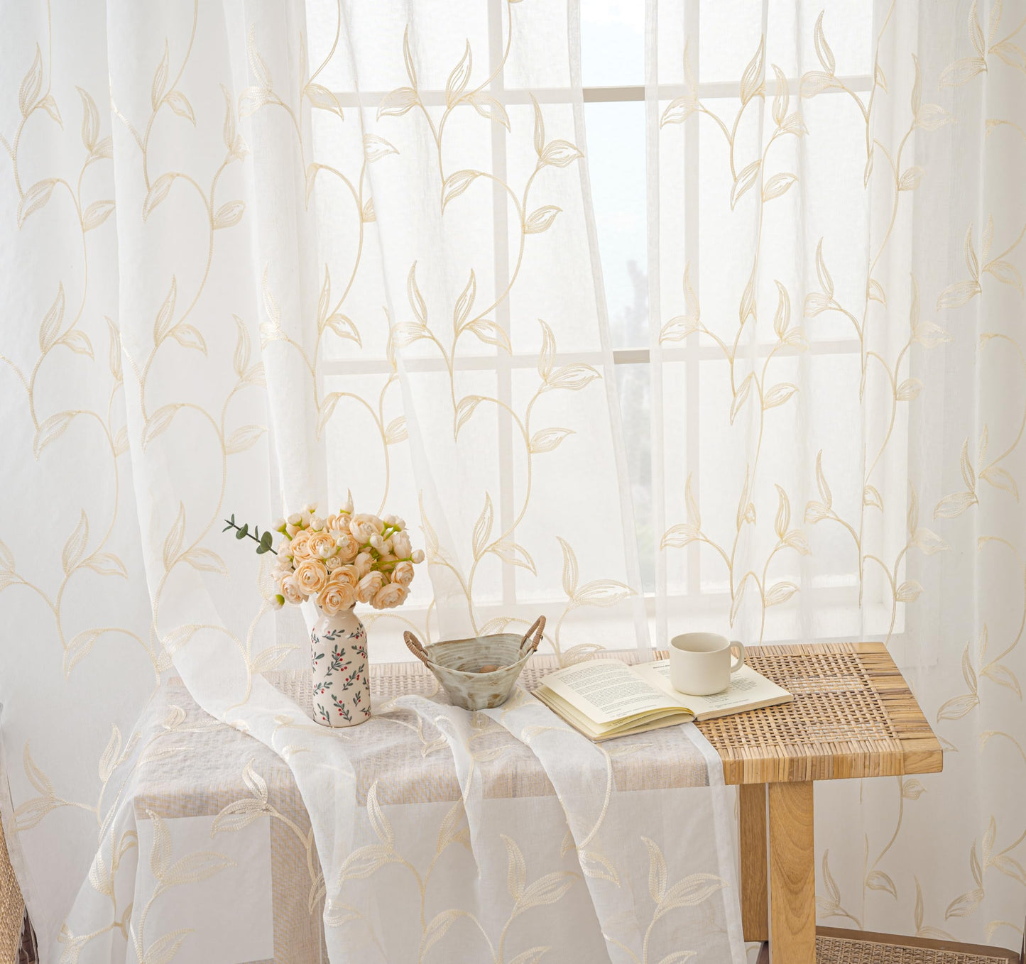 VISIONTEX 2 Panels Sheer Curtains 84 Inches Long, Cream Beige Floral Leaf Embroidered Semi Sheer Voile Curtains, Rod Pocket Light Filtering Window Drapes for Bedroom Living Room 54W x 84L