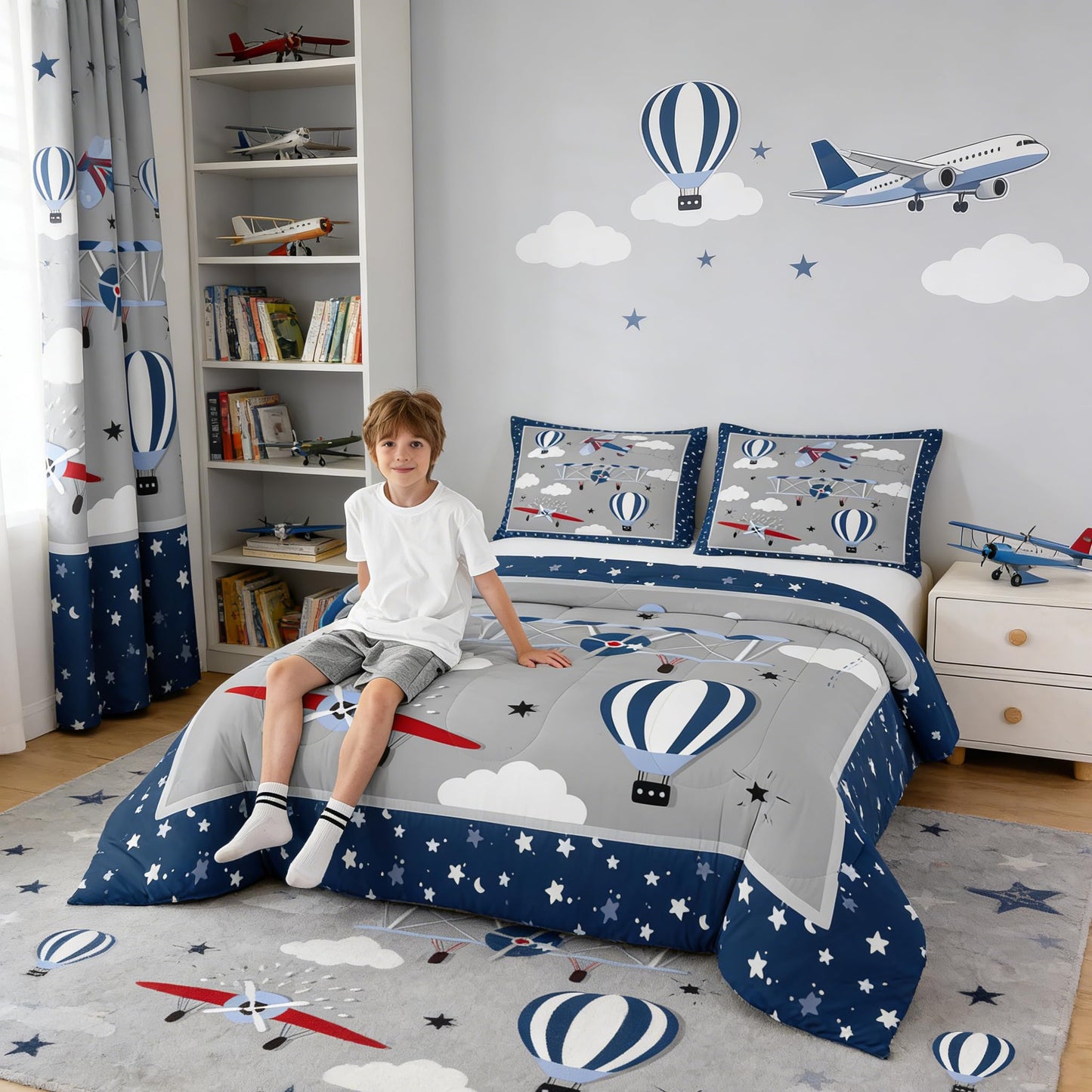 Airplane Bedding Set Twin Size for Kids Boys Bedroom Decor,Cartoon Aircraft Comforter Sets Teens Quilts Hot Air Balloon Cloud Starry Moon Bedding Chic Grey Navy Blue Duvet Insert,1 Pillowcase