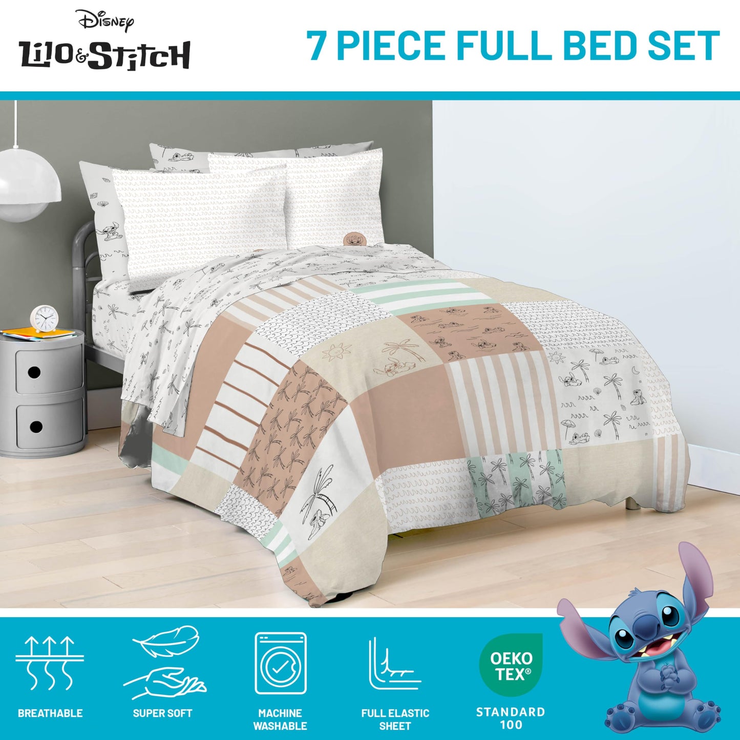 Jay Franco Kids Comforter Set Includes Sheets and Pillow Covers - Soft and Cozy Bed Set for Stylish Room Decor, Official Licensed Bedding, Multi - Lilo and Stitch, 7 Piece Full