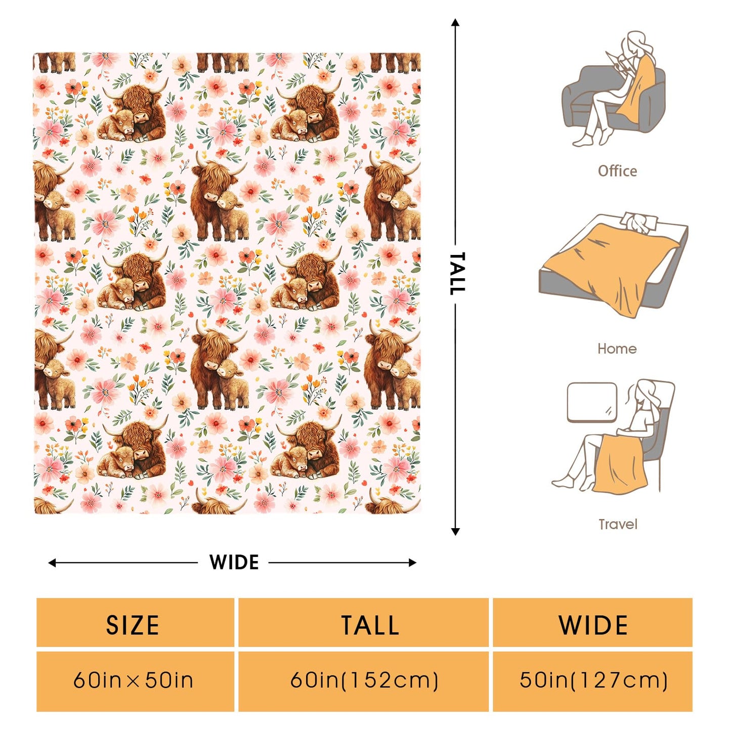 Hohoto Highland Cattle Floral Blanket Flower Gifts for Women Girls Adults Kids Men Boys Birthday Christmas Halloween Easter Wife Mom Girlfriend Dad Son Husband Spring Throw Blanket 50"x60"