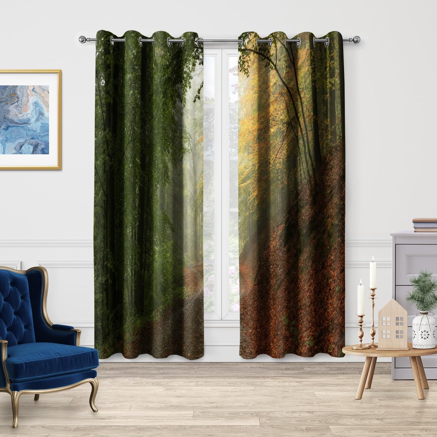 Jekeno Mountain Forest Blackout Curtains Misty Foggy Nature Scenery Mountain Woodland Trees Landscape Grommet Top Drapes Decor Bedroom Living Room Darkening Window Treatments 2 Panels Set, 52"x 84"