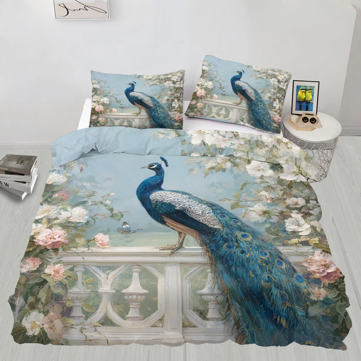 Blue Peacock Comforter Cover 68" x 90", Bird and Floral Bedding Twin Size, Chinoiserie Duvet Cover with 2 Pillowcases
