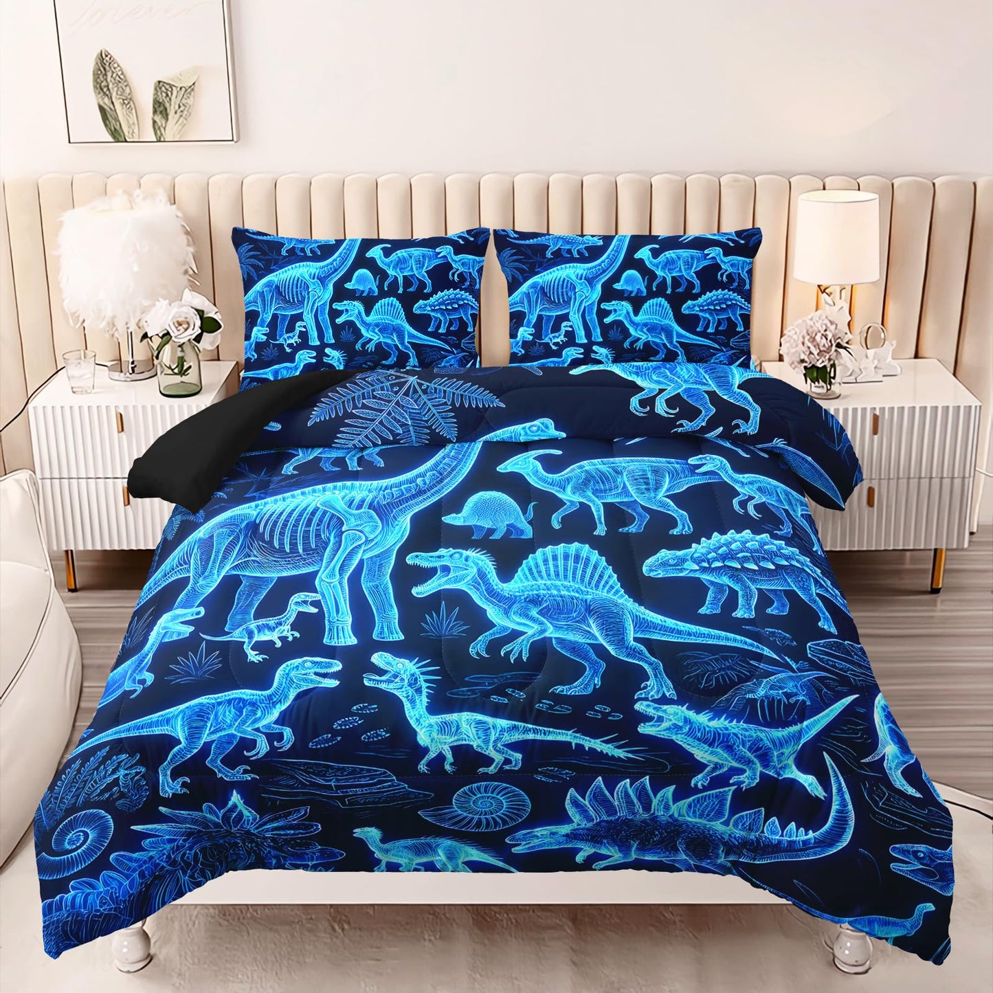 AILONEN Neon Blue Dinosaur Queen Comforter Set, 3D Holographic Skeleton Microfiber Quilt, All Season Fossil Adventure Bedding for Guestroom Home Styling, 1Quilt+2Pillowcases