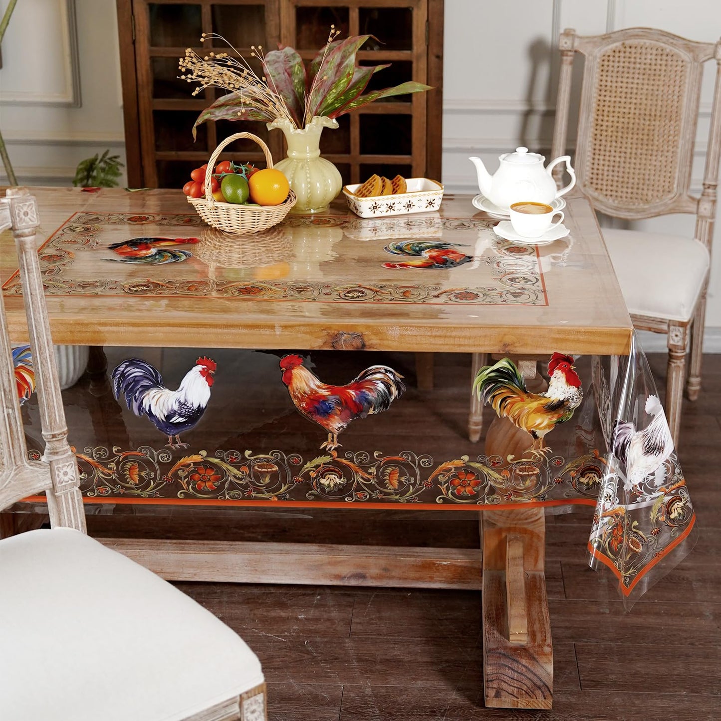 Artbloss Clear Table Cover Protector Vinyl Table Cloth Oil Spill Proof Vintage Rustic Plastic Table Covers for Dining Tables (Roosters, 60 x 84 Inches)