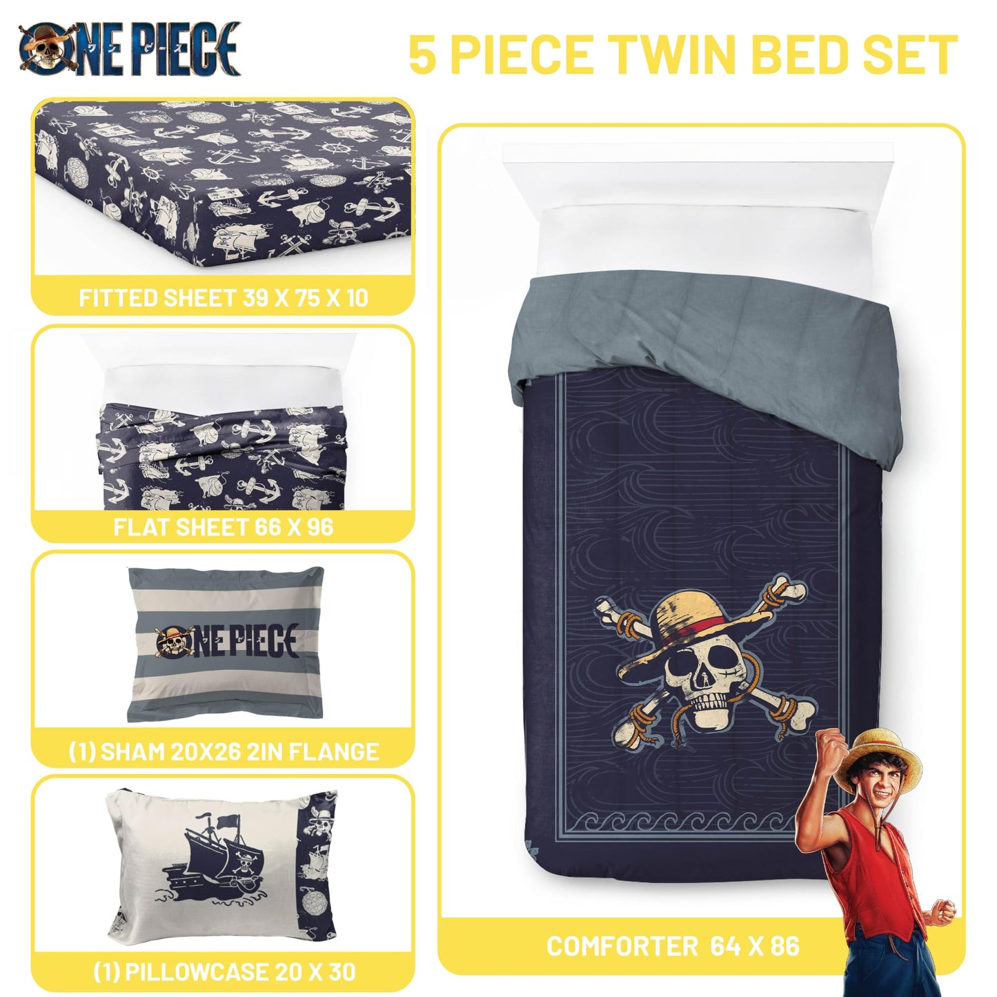 Jay Franco One Piece Twin Size Comforter Set - 5 Piece Blue Bedding Includes Sheet Set & Pillow Covers - Super Soft Anime Bedding with Skull and Bones