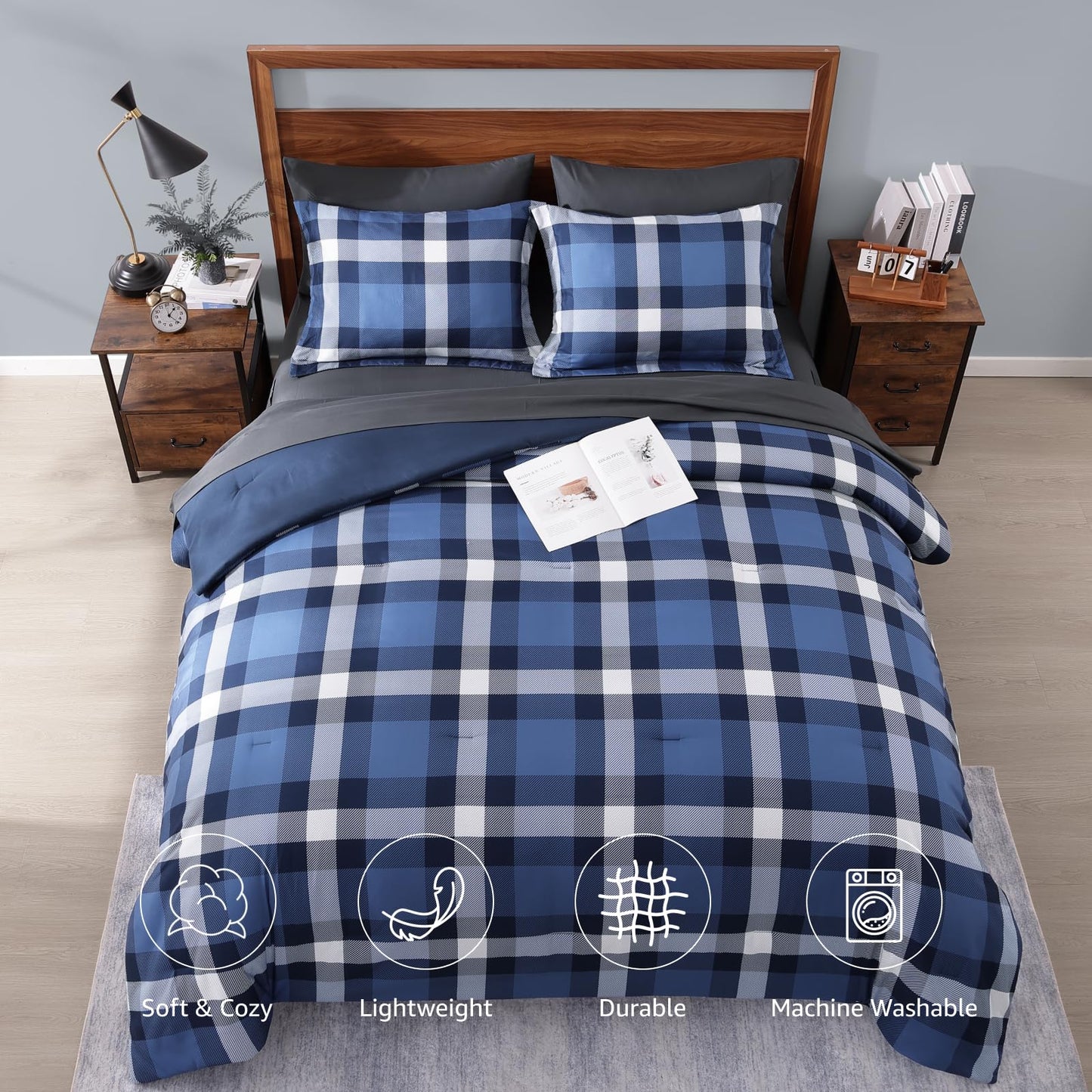 MaiRêve Queen Size Plaid Comforter Set Indigo Blue, Classic Checkered 7 Pieces Farmhouse Bedding Set, All Season Lightweight Bed in A Bag with Sheets, Pillowcases & Shams