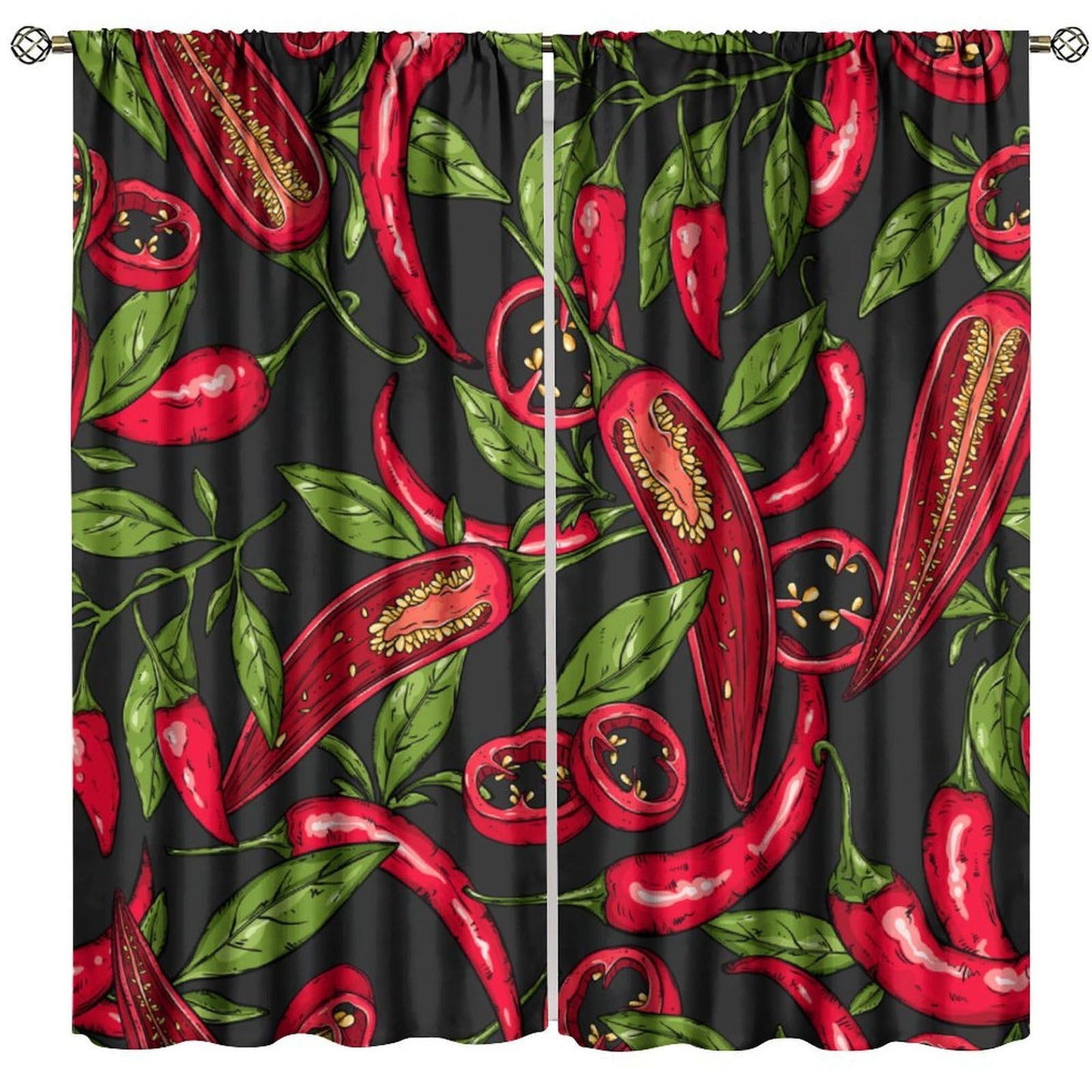 BenYaSong Chilli Long Decor Window Curtain，Mexican Hot Slices Halves Pieces Organic Healthy Farm Agriculture Leaf for Home Kitchen Restaurant Decoration Window Curtain 2Panel 42" W X 45" L