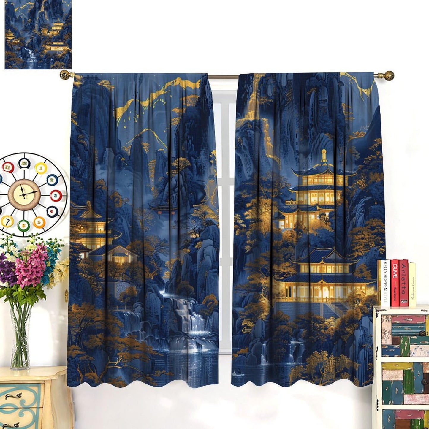 VUMIVI Oriental Landscape Curtains Retro House Gold-Threaded Blue Painting Traditional Chinese Art Rod Pocket Window Treatments for Bedroom Kitchen Living Dining Apartment Dorms Cafe 42" W X 44.5" L