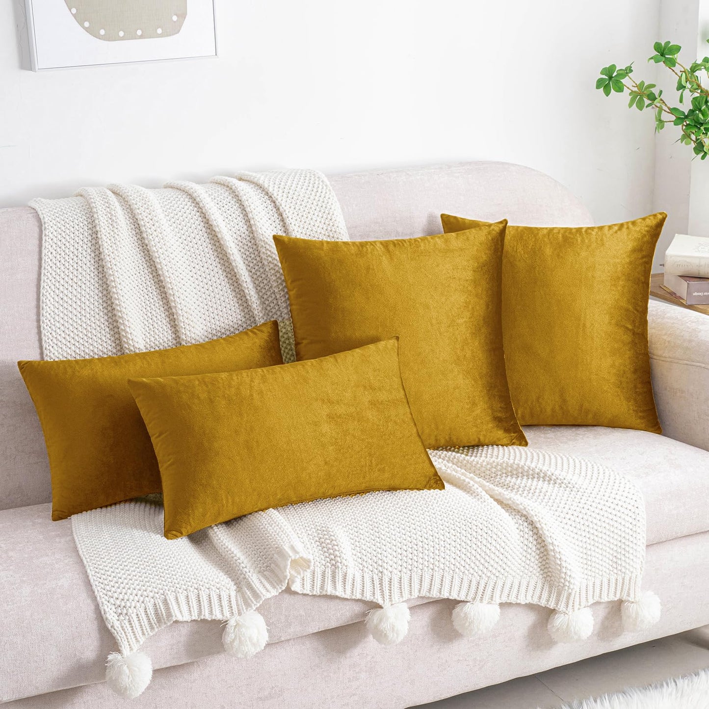 HWY 50 Dark Gold Velvet Throw Pillow Covers 16x16 Inch, Pack of 2 Soft Cozy Solid Decorative Luxury Cushion Cases for Couch Sofa Bed Living Room Bedroom