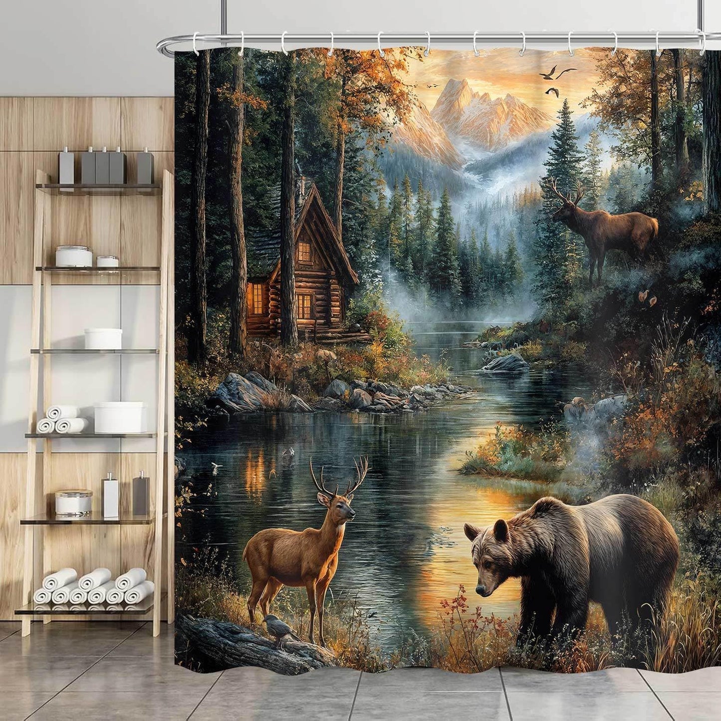 Dizifinn Rustic Shower Curain, Country Cabin Woodland Bear Moose Deer Bathroom Accessories, Farmhouse Hunting Camp Fabric Shower Curtains for Bathroom Decor, with Hooks 72x72 Inch