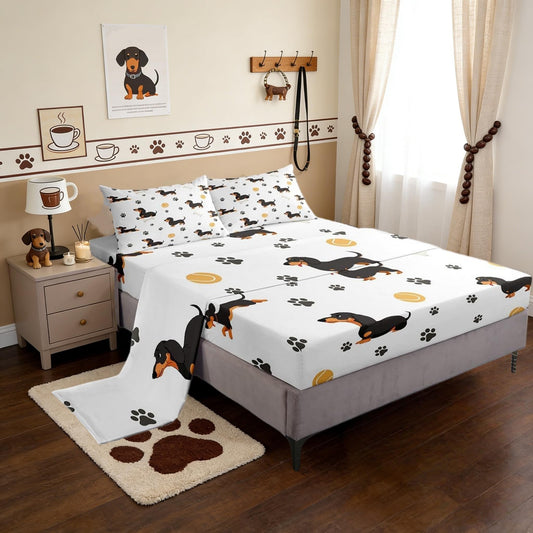 Castle Fairy Cute Dachshund Dog Fitted Sheet King Size,Ball Bones Paw Print Bed Sheet Set Bedroom Decor,House Pet Animal Themed Polyester Bedding Set(1 Fitted,1 Flat,2 Pillowcases)