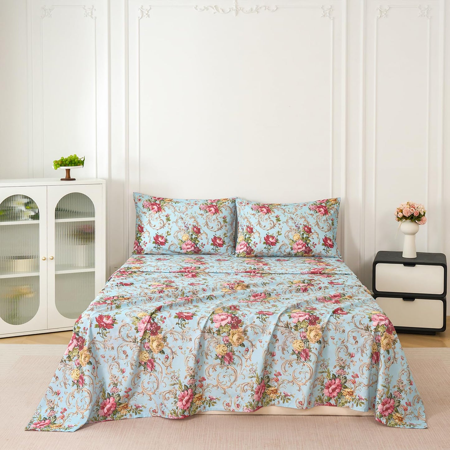 Zusbest Queen Sheet Set Blue Red Floral Bed Sheets 100% Cotton, Luxury Premium Bedding Breathable for Hot Sleepers American Country Style Shabby Vintage Flower Deep Pocket Bed Set 17.5‘’ 4Pcs
